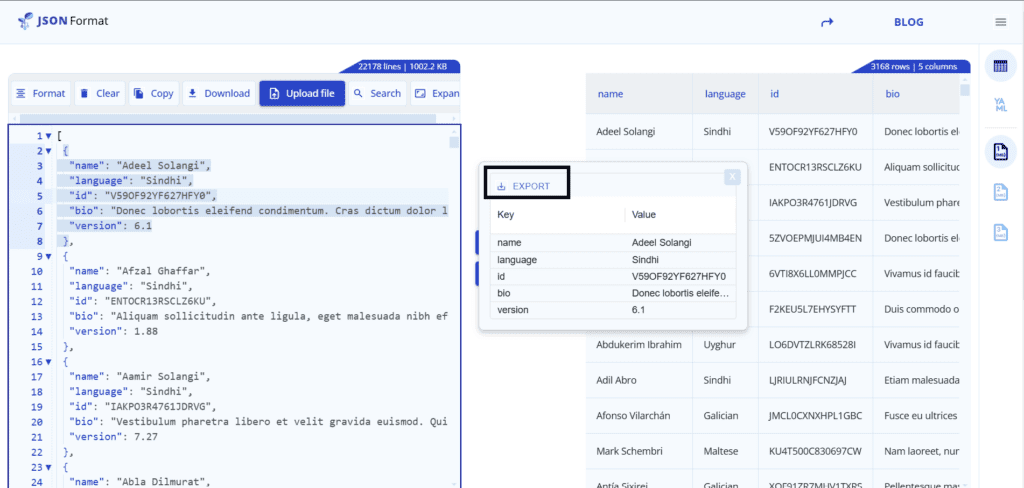 Export object in JSON