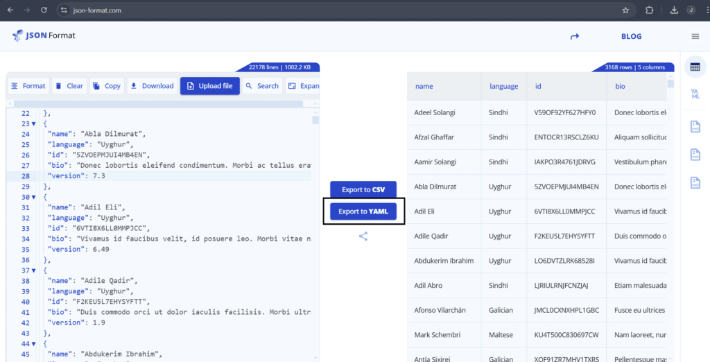 Export json to YAML